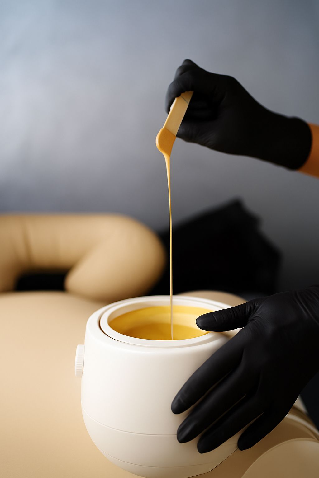 Person wearing black gloves dips wooden stick into a wax warmer