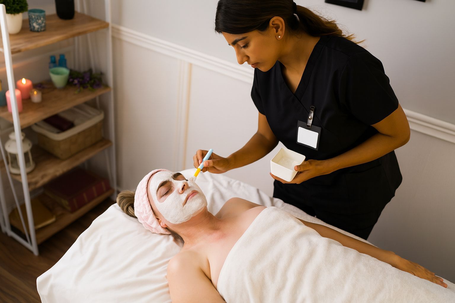 Student in black scrubs performing a facial in the student spa